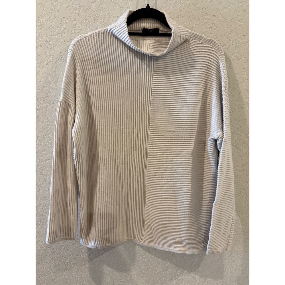 Tahari Women Beige Ribbed Mock Neck Mixed Knit Asymmetrical Sweater Size M